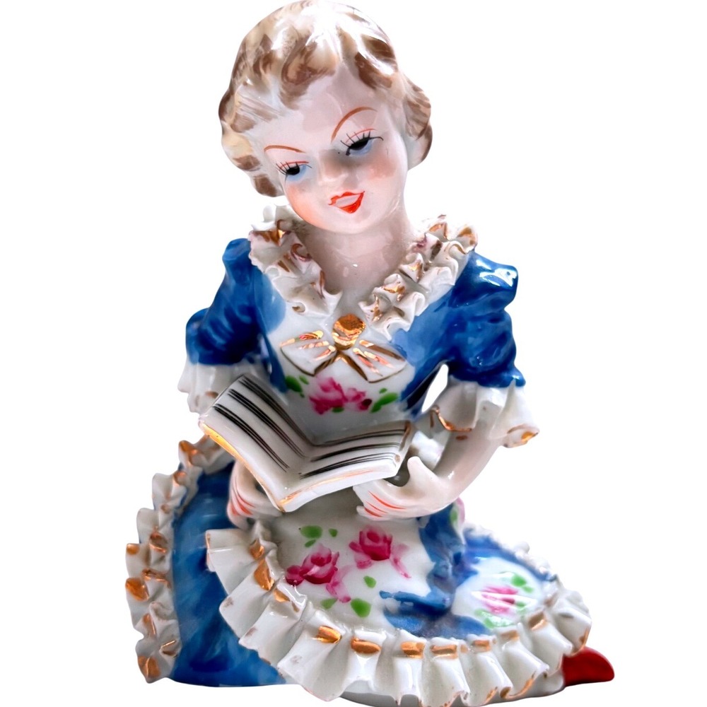 Vintage Porcelain Girl Reading Book Figurine – Blue Floral Dress, Gold Trim